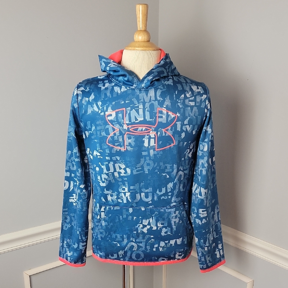 UNDER ARMOUR Blue Neon Pink Loose Cold Gear Athleisure Hoodie Sweatshirt YXL